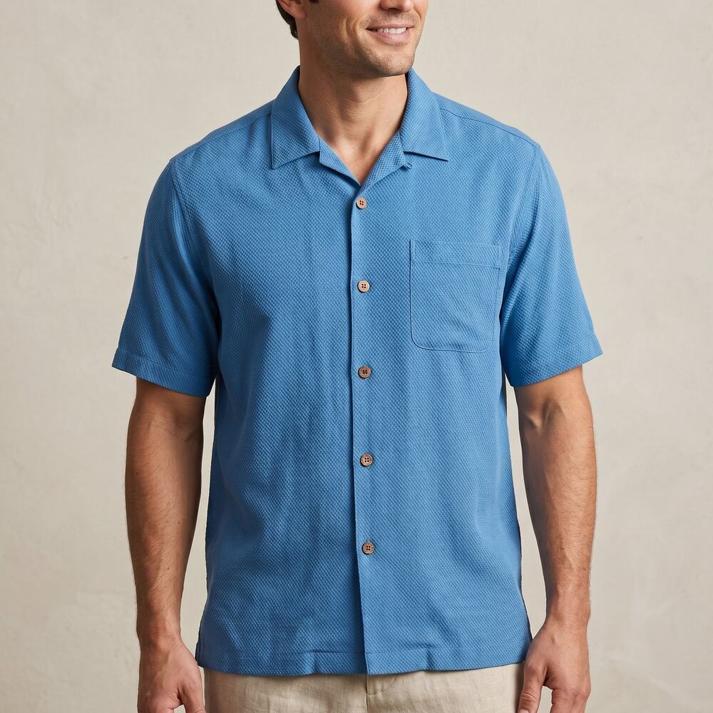 Tommy Bahama Men's Silk Camp Shirt Blue Textured Waffle Vacation Casual Large